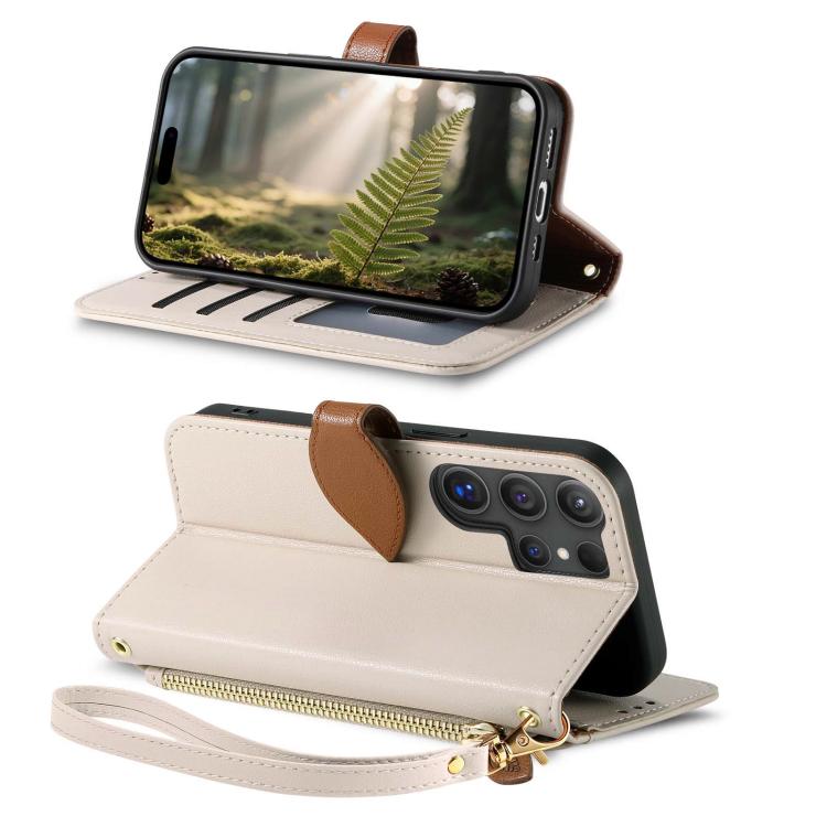 For Samsung Galaxy S25 Ultra 5G Leaf Buckle Zipper Wallet Leather Phone Case with Strap
