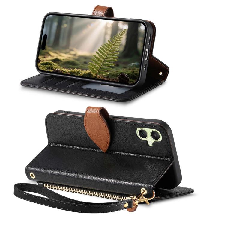 For Samsung Galaxy A05 Leaf Buckle Zipper Wallet Leather Phone Case with Strap