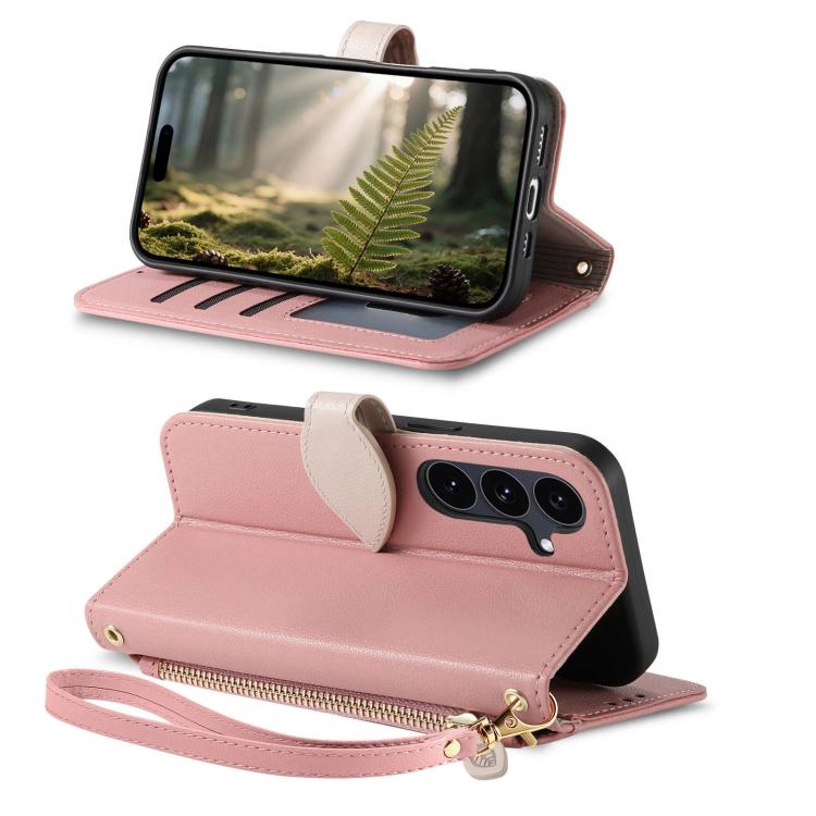 For Samsung Galaxy S24 FE 5G Leaf Buckle Zipper Wallet Leather Phone Case with Strap