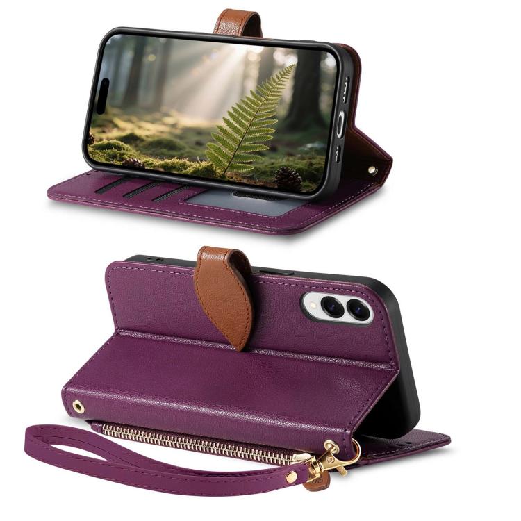 For Samsung Galaxy A50 Leaf Buckle Zipper Wallet Leather Phone Case with Strap