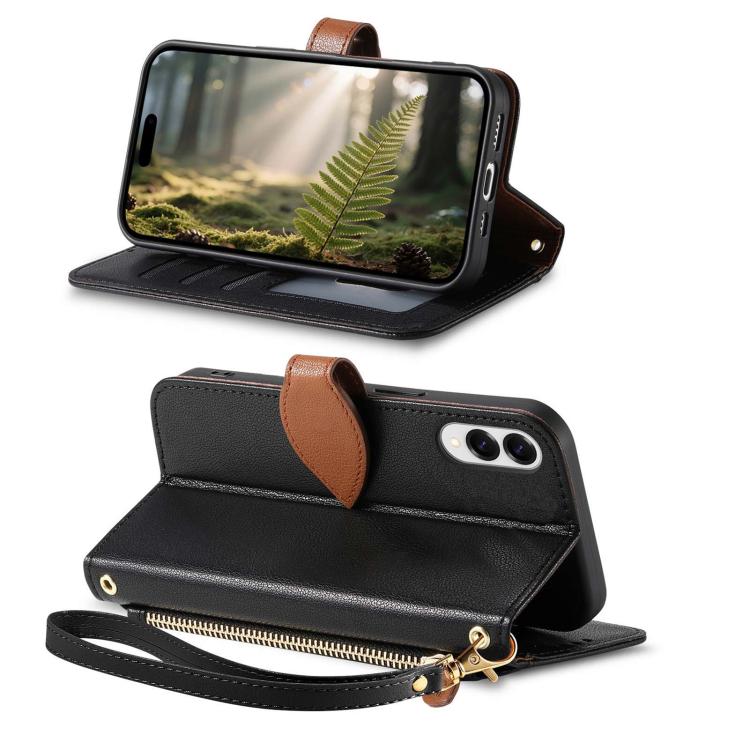 For Samsung Galaxy A50 Leaf Buckle Zipper Wallet Leather Phone Case with Strap