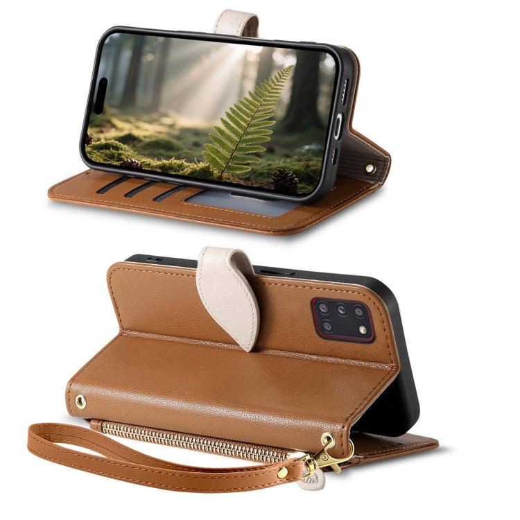 For Samsung Galaxy A52 Leaf Buckle Zipper Wallet Leather Phone Case with Strap
