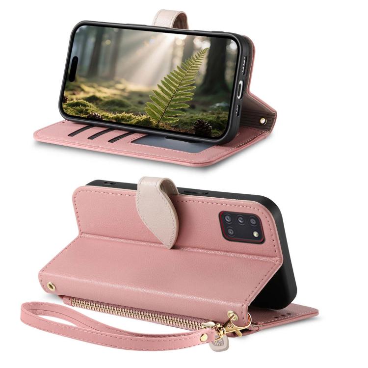 For Samsung Galaxy A52 Leaf Buckle Zipper Wallet Leather Phone Case with Strap