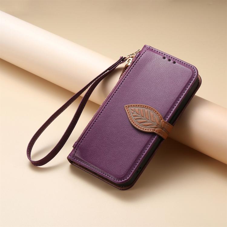 For Samsung Galaxy A13 Leaf Buckle Zipper Wallet Leather Phone Case with Strap
