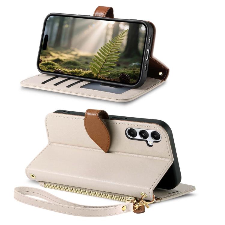 For Samsung Galaxy A14 Leaf Buckle Zipper Wallet Leather Phone Case with Strap