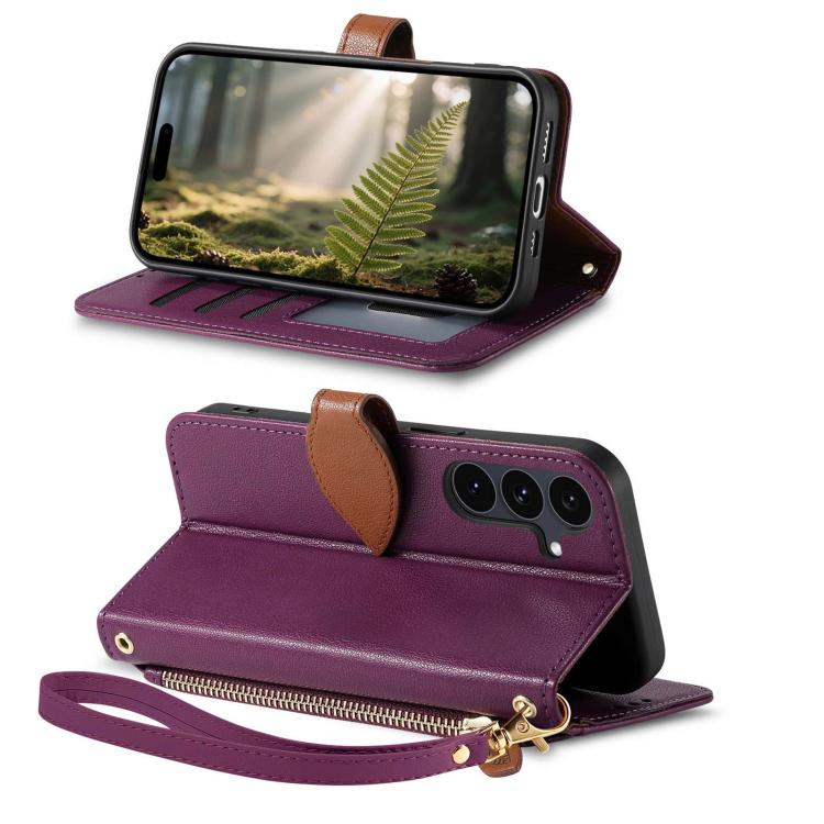 For Samsung Galaxy S22 5G Leaf Buckle Zipper Wallet Leather Phone Case with Strap