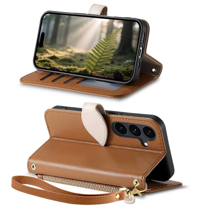 For Samsung Galaxy S23 FE 5G Leaf Buckle Zipper Wallet Leather Phone Case with Strap