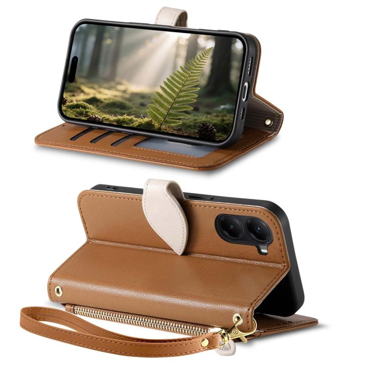 For Xiaomi Poco C71 4G Leaf Buckle Zipper Wallet Leather Phone Case with Strap