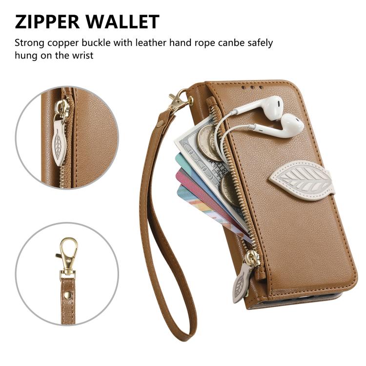 For Xiaomi 15T Leaf Buckle Zipper Wallet Leather Phone Case with Strap