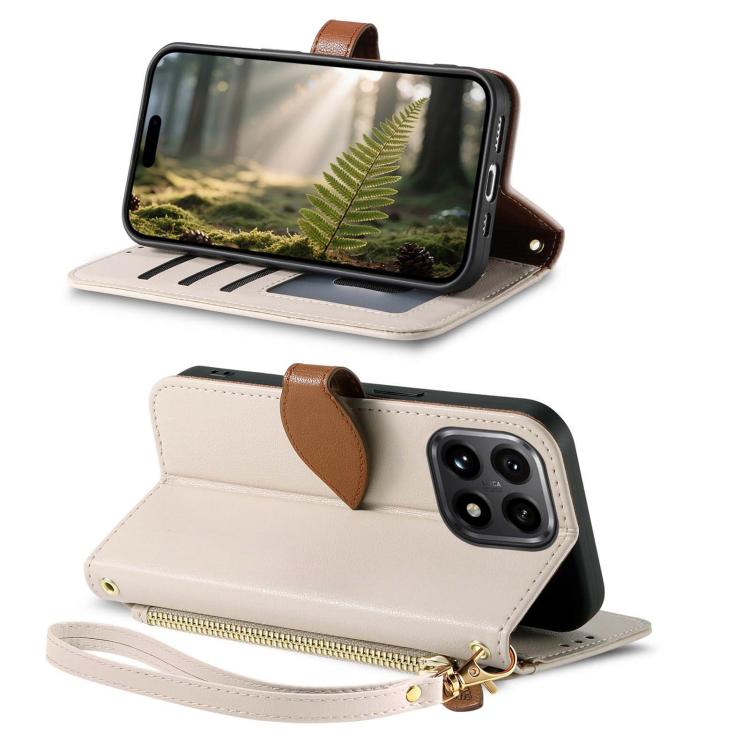 For Xiaomi 15T Leaf Buckle Zipper Wallet Leather Phone Case with Strap
