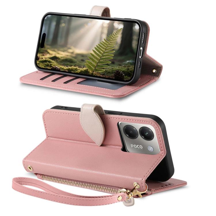 For Xiaomi Poco M7 Pro 5G Leaf Buckle Zipper Wallet Leather Phone Case with Strap