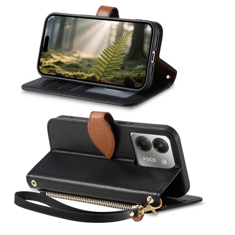For Xiaomi Poco M7 Pro 5G Leaf Buckle Zipper Wallet Leather Phone Case with Strap