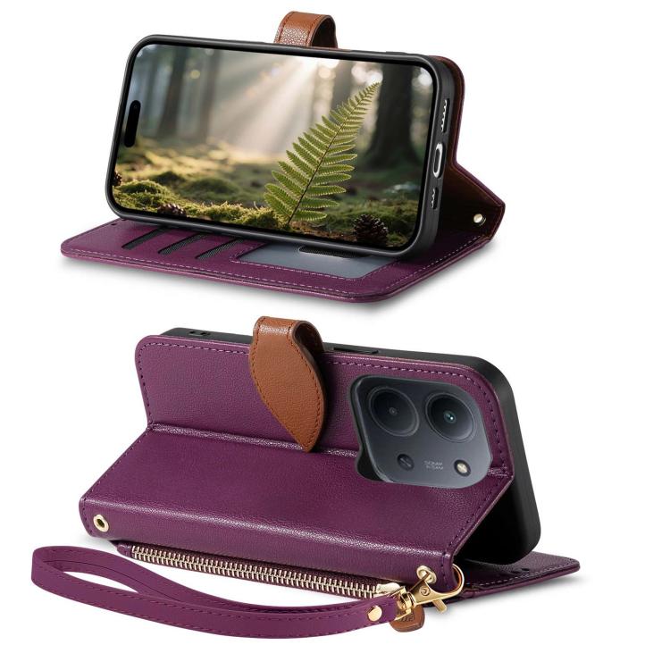 For Redmi 15C 5G / 4G EU 173mm Leaf Buckle Zipper Wallet Leather Phone Case with Strap