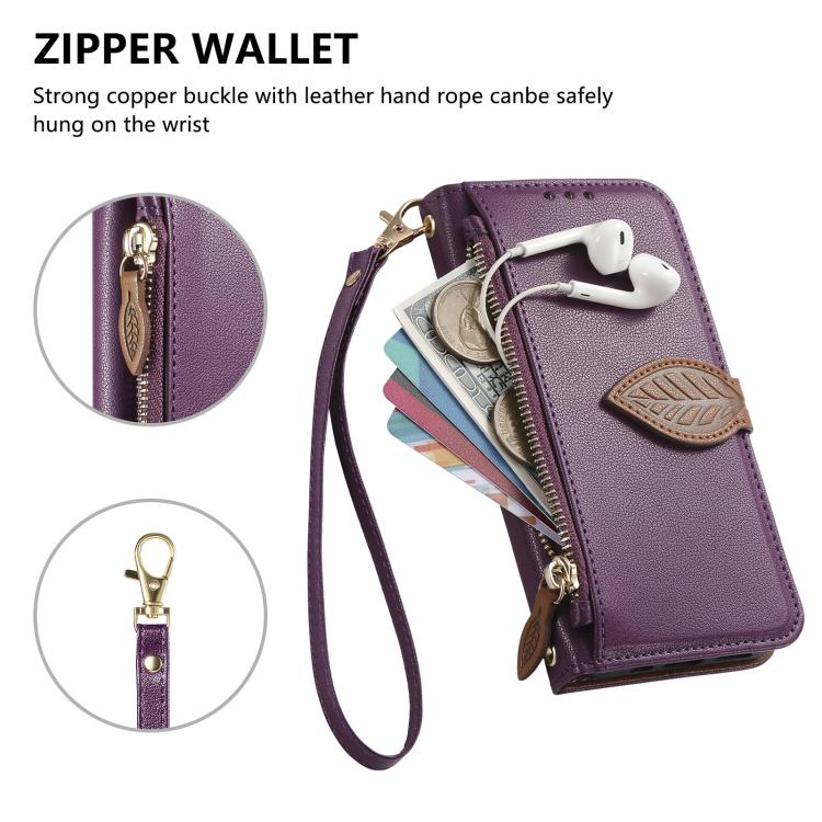 For Redmi Note 13 Pro  5G Leaf Buckle Zipper Wallet Leather Phone Case with Strap