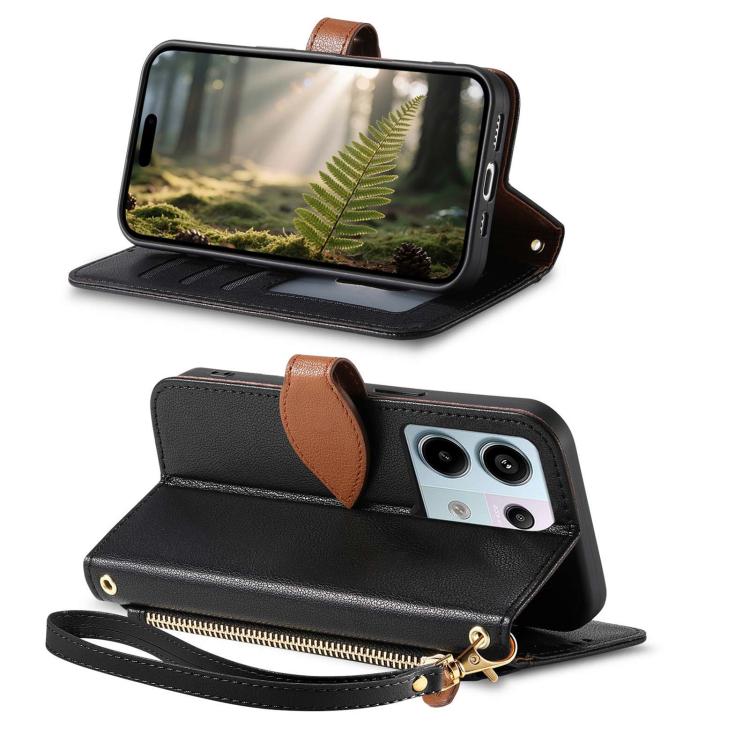 For Redmi Note 13 Pro  5G Leaf Buckle Zipper Wallet Leather Phone Case with Strap
