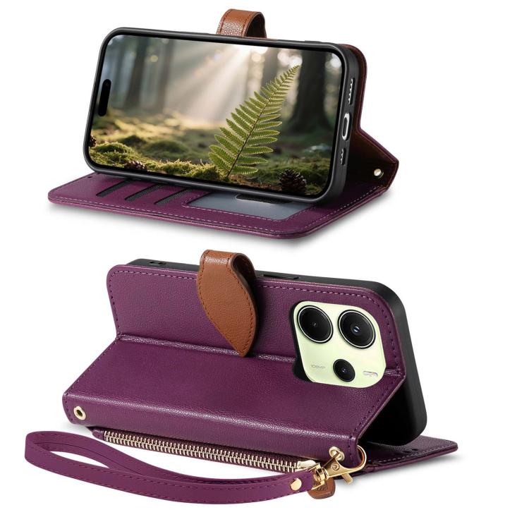 For Redmi Note 14 4G 163.25mm Leaf Buckle Zipper Wallet Leather Phone Case with Strap