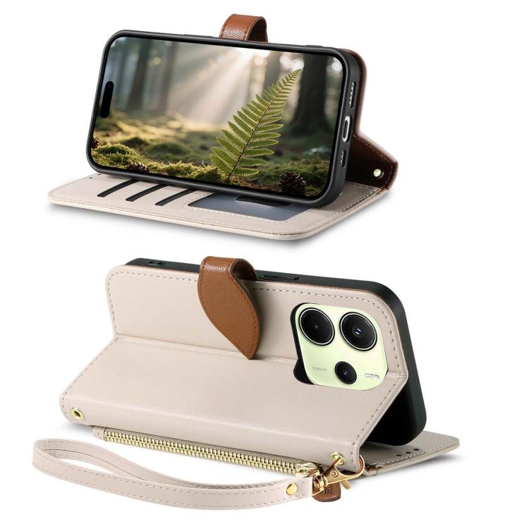 For Redmi Note 14 4G 163.25mm Leaf Buckle Zipper Wallet Leather Phone Case with Strap