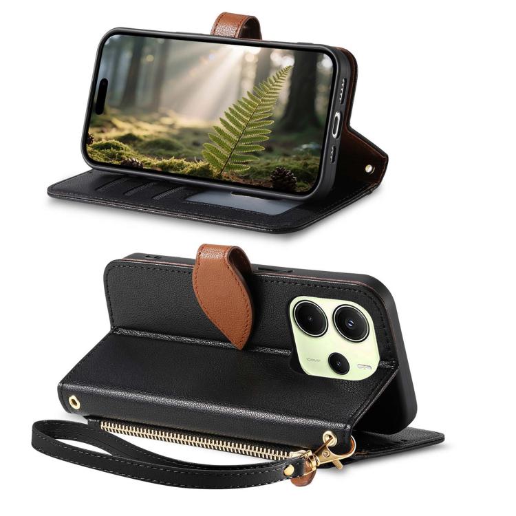 For Redmi Note 14 4G 163.25mm Leaf Buckle Zipper Wallet Leather Phone Case with Strap