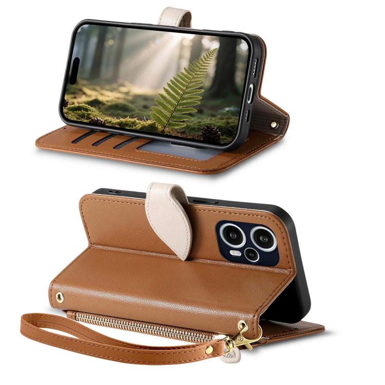 For Redmi Note 12 Turbo / Poco F5 Leaf Buckle Zipper Wallet Leather Phone Case with Strap