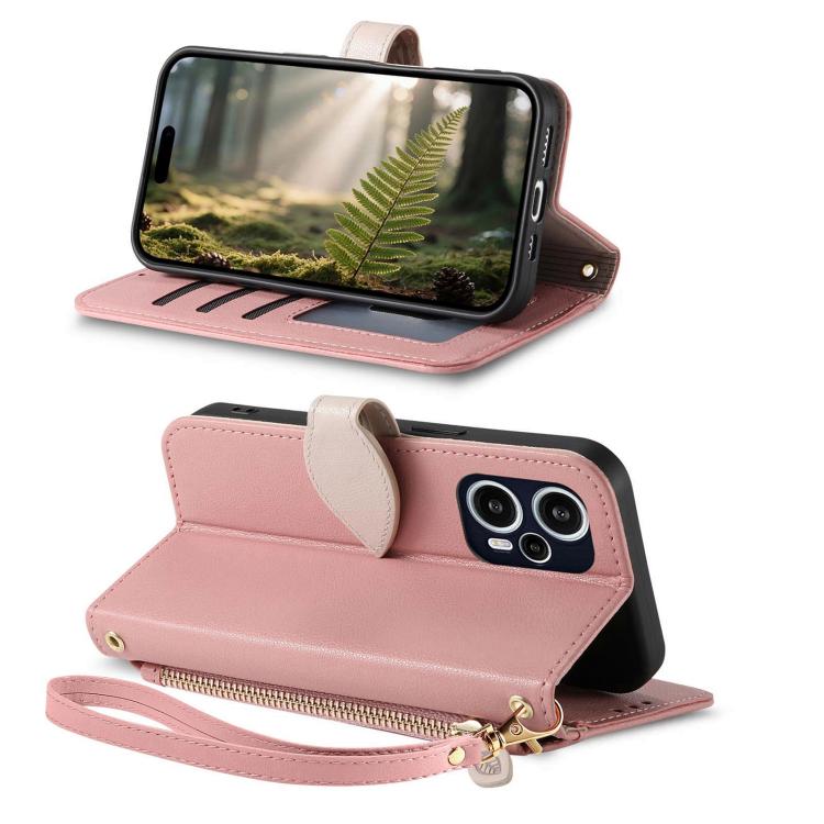 For Redmi Note 12 Turbo / Poco F5 Leaf Buckle Zipper Wallet Leather Phone Case with Strap