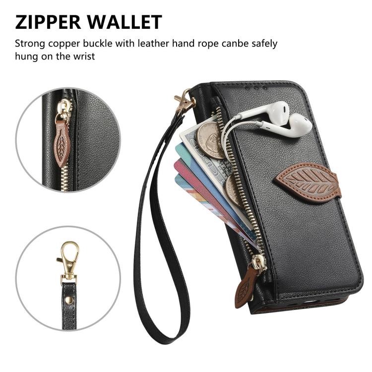 For Redmi Note 12 Turbo / Poco F5 Leaf Buckle Zipper Wallet Leather Phone Case with Strap