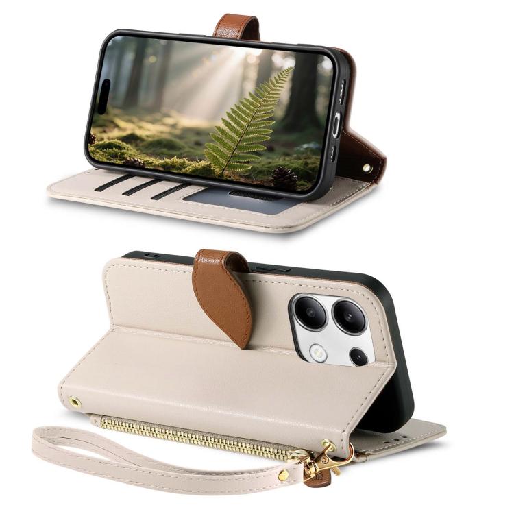 For Redmi Note 13 4G Leaf Buckle Zipper Wallet Leather Phone Case with Strap