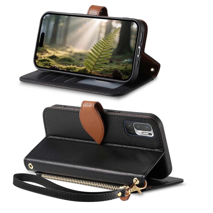 For Redmi Note 10 JE Leaf Buckle Zipper Wallet Leather Phone Case with Strap