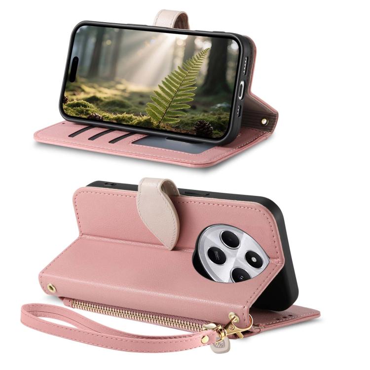 For Redmi 14C Leaf Buckle Zipper Wallet Leather Phone Case with Strap