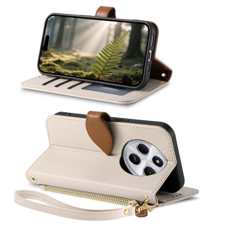 For Redmi 14C Leaf Buckle Zipper Wallet Leather Phone Case with Strap