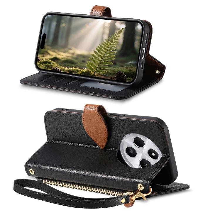 For Redmi 14C Leaf Buckle Zipper Wallet Leather Phone Case with Strap