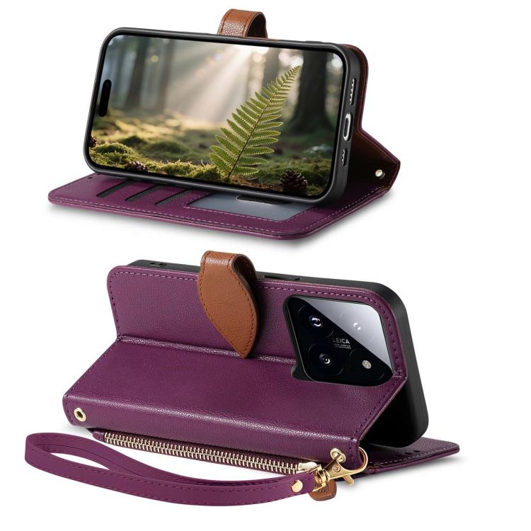 For Xiaomi 14T Leaf Buckle Zipper Wallet Leather Phone Case with Strap