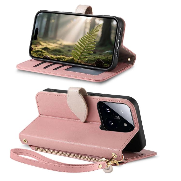 For Xiaomi 14T Leaf Buckle Zipper Wallet Leather Phone Case with Strap