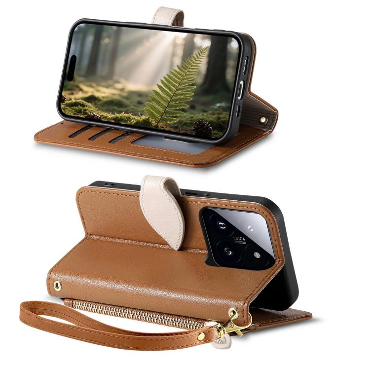 For Xiaomi 14T Pro Leaf Buckle Zipper Wallet Leather Phone Case with Strap