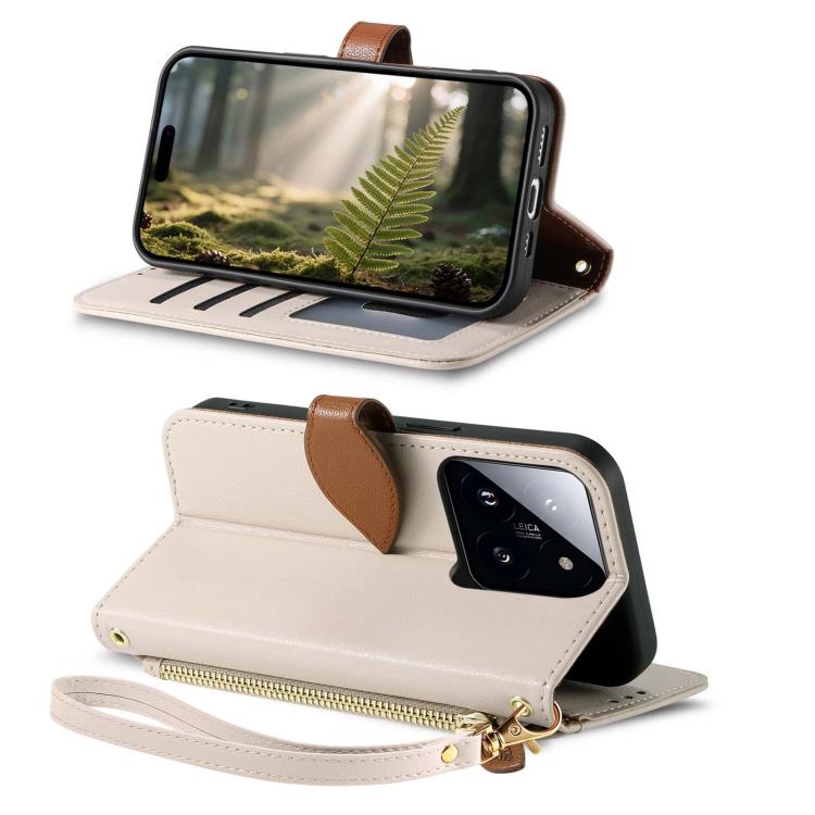 For Xiaomi 14T Pro Leaf Buckle Zipper Wallet Leather Phone Case with Strap