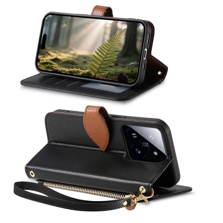 For Xiaomi 14T Pro Leaf Buckle Zipper Wallet Leather Phone Case with Strap