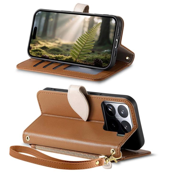 For Xiaomi 15 Leaf Buckle Zipper Wallet Leather Phone Case with Strap