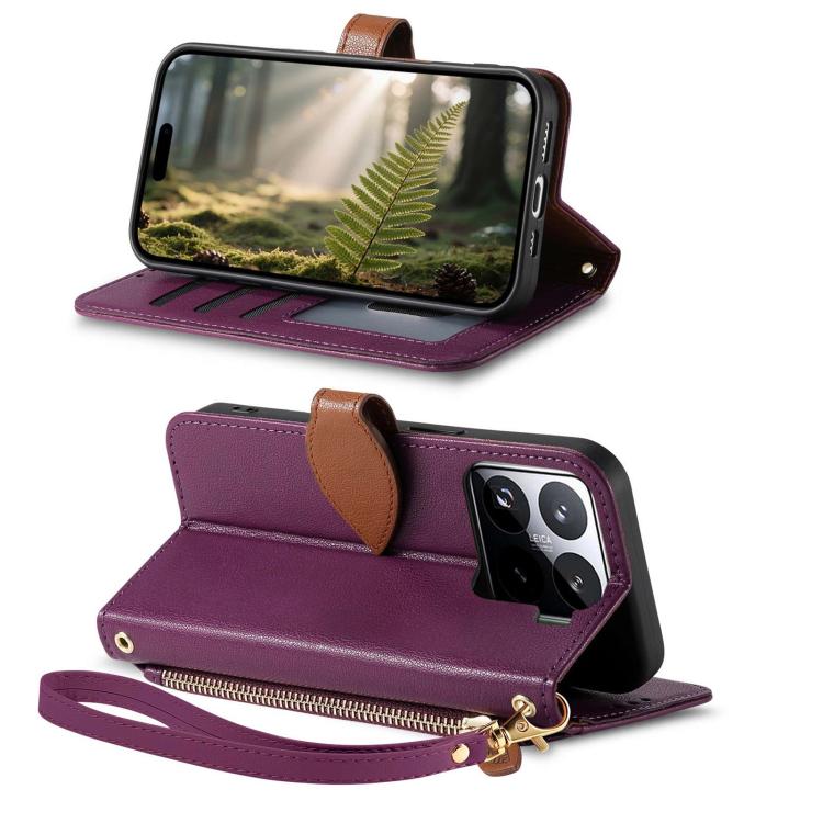 For Xiaomi 15 Leaf Buckle Zipper Wallet Leather Phone Case with Strap