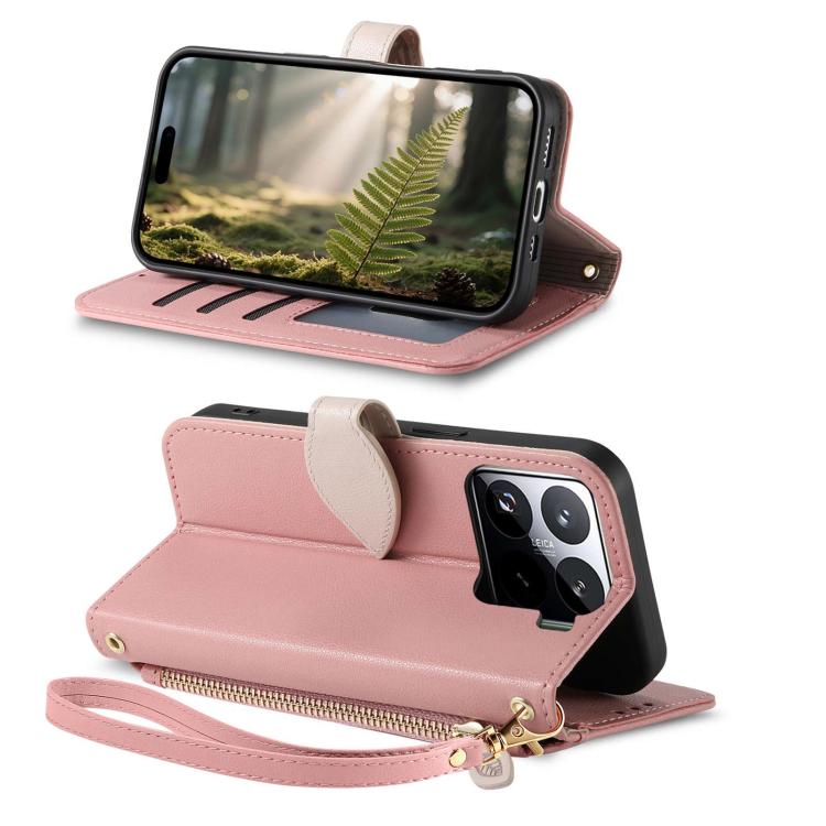 For Xiaomi 15 Leaf Buckle Zipper Wallet Leather Phone Case with Strap