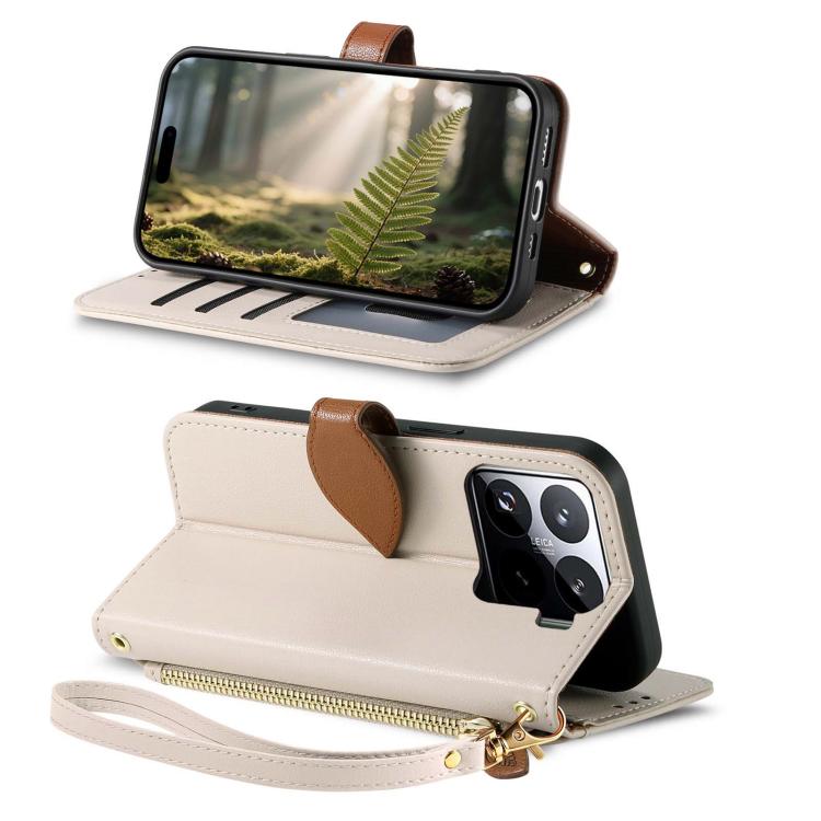 For Xiaomi 15 Leaf Buckle Zipper Wallet Leather Phone Case with Strap