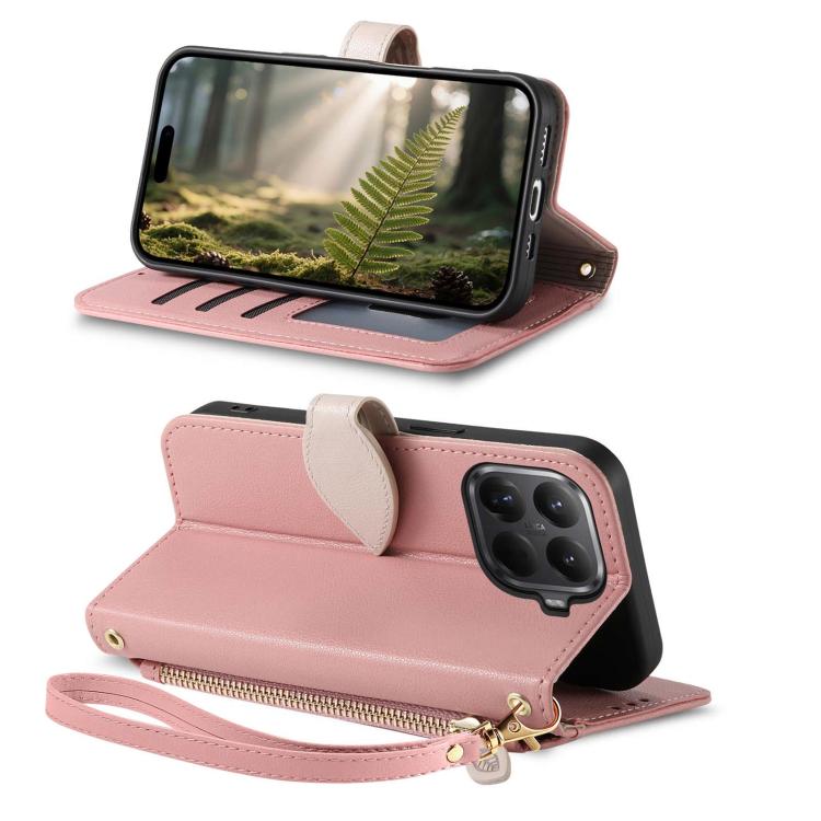 For Xiaomi 15T Pro Leaf Buckle Zipper Wallet Leather Phone Case with Strap