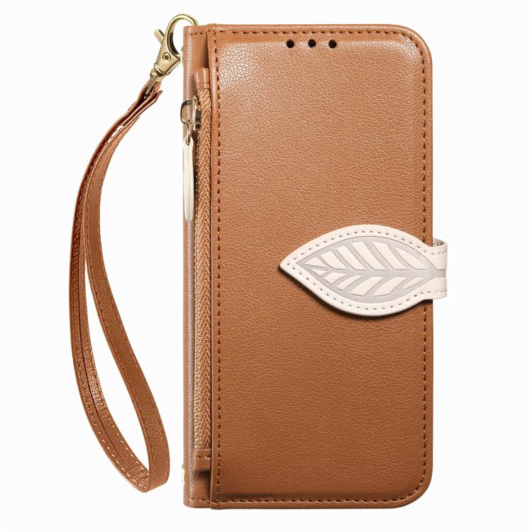For Xiaomi 17 Pro Leaf Buckle Zipper Wallet Leather Phone Case with Strap