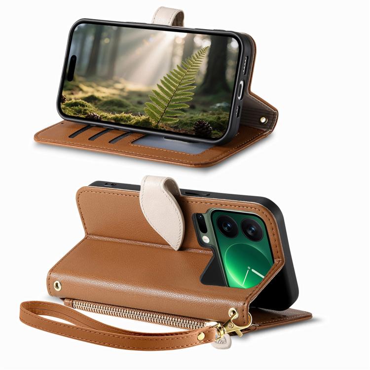 For Xiaomi 17 Pro Leaf Buckle Zipper Wallet Leather Phone Case with Strap