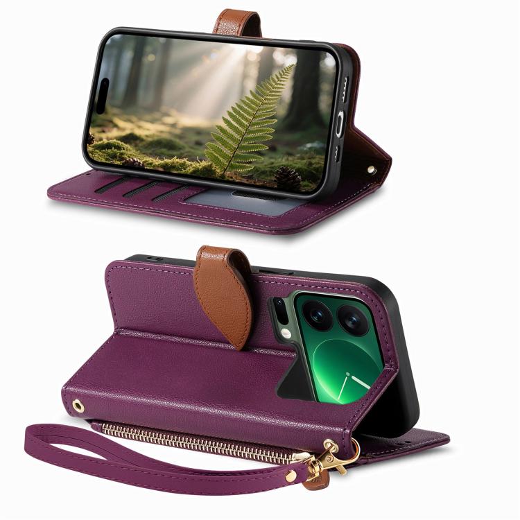 For Xiaomi 17 Pro Leaf Buckle Zipper Wallet Leather Phone Case with Strap