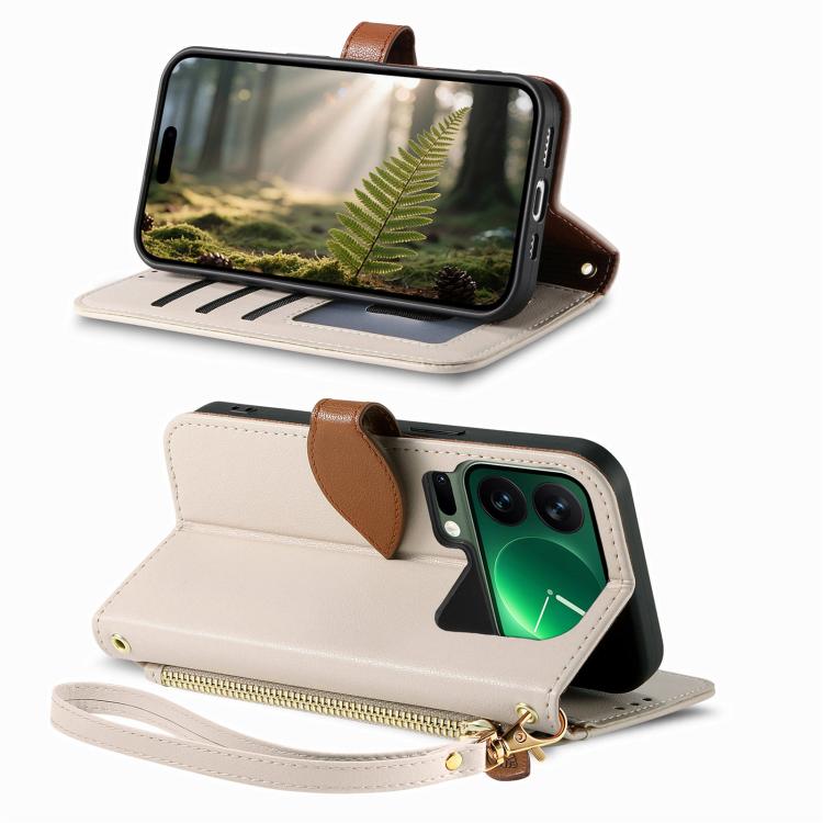 For Xiaomi 17 Pro Leaf Buckle Zipper Wallet Leather Phone Case with Strap