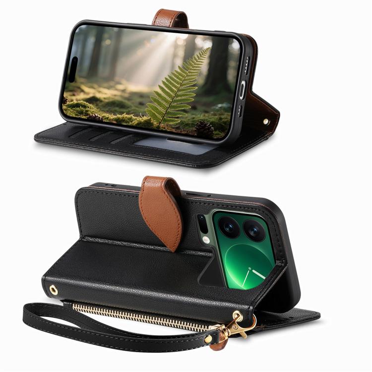 For Xiaomi 17 Pro Leaf Buckle Zipper Wallet Leather Phone Case with Strap
