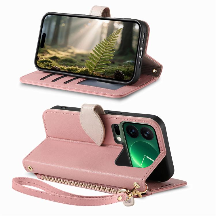 For Xiaomi 17 Pro Max Leaf Buckle Zipper Wallet Leather Phone Case with Strap