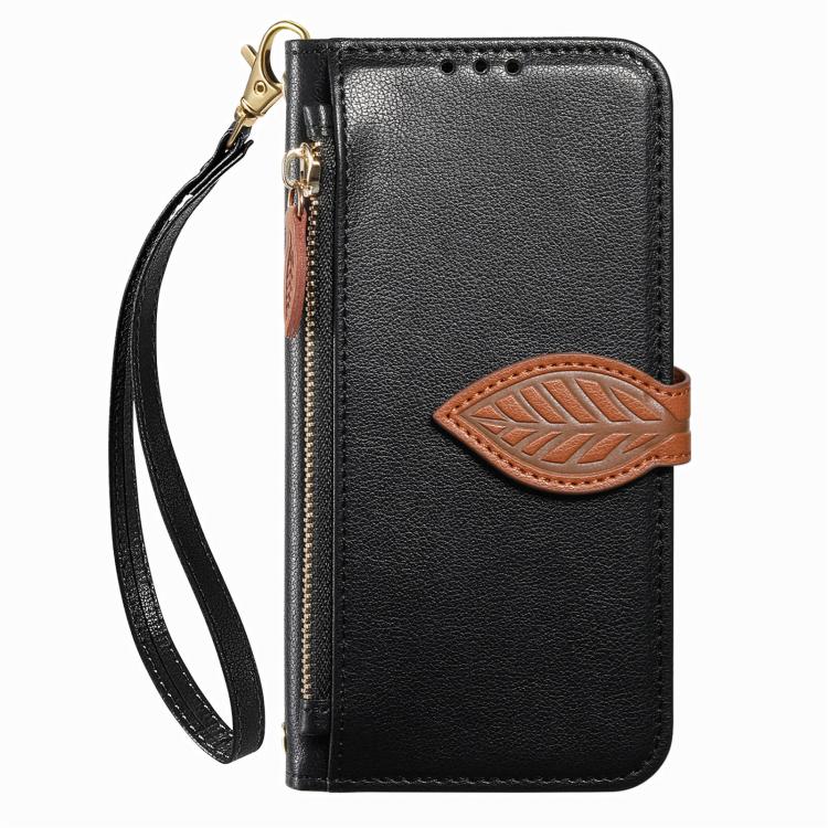 For Xiaomi 17 Pro Max Leaf Buckle Zipper Wallet Leather Phone Case with Strap