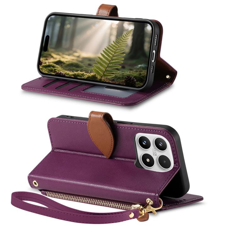 For Xiaomi 17 Leaf Buckle Zipper Wallet Leather Phone Case with Strap