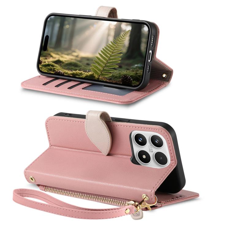 For Xiaomi 17 Leaf Buckle Zipper Wallet Leather Phone Case with Strap