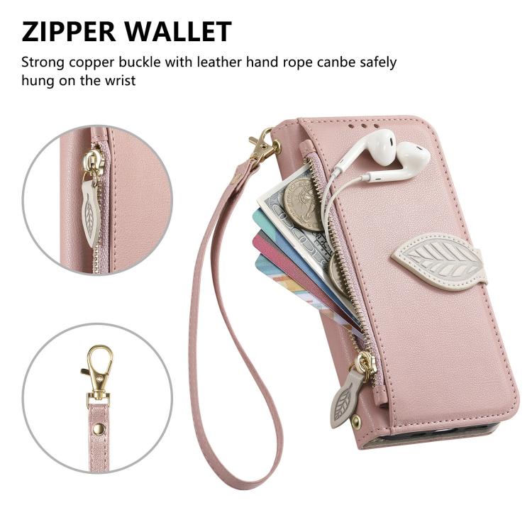 For Xiaomi 17 Leaf Buckle Zipper Wallet Leather Phone Case with Strap